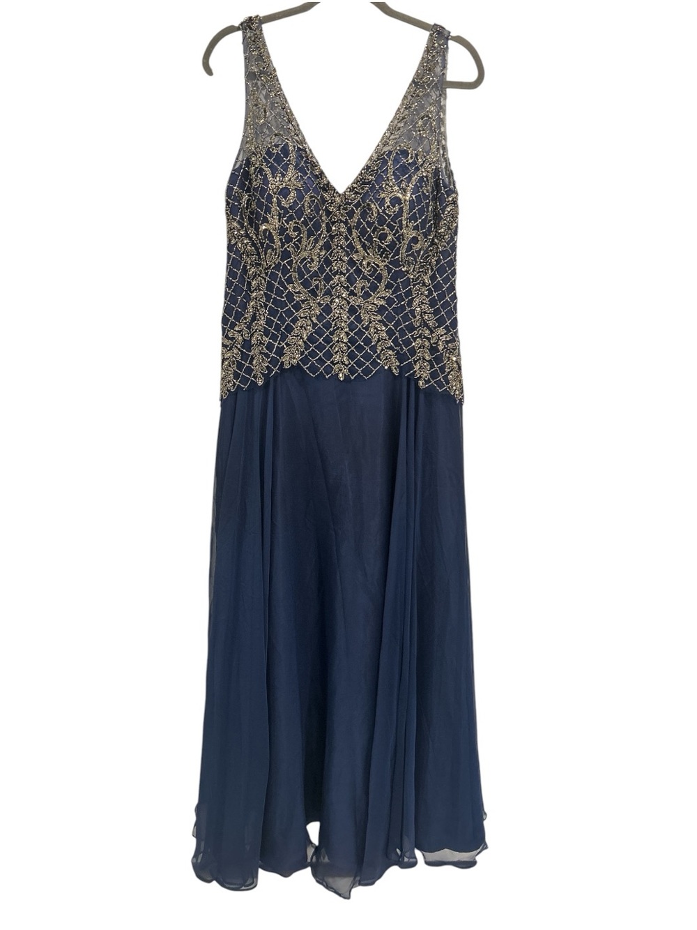 NWT Camille La Vie Navy Beaded Sequin Leaf Chiffon Formal Gown - Size 18